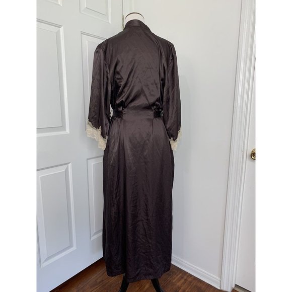 VTG Jones New York SM Brown Dressing Gown & Robe Long Maxi Satin Belted Lace - Picture 2 of 12